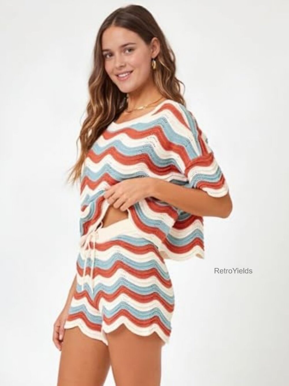 Striped Crochet Cover Up Set with Shorts Beach Vacation Outfit - Picture 3 of 7